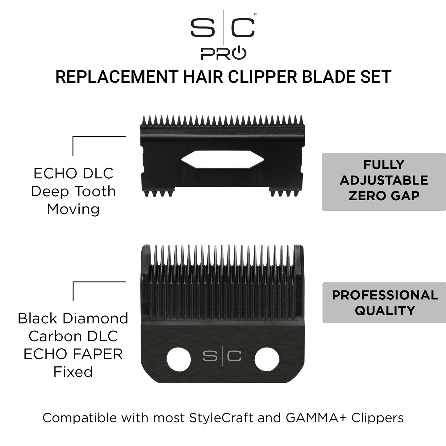 StyleCraft SC545BL ECHO Fixed DLC Hair Clipper Blade with DLC Deep Tooth Cutter Set