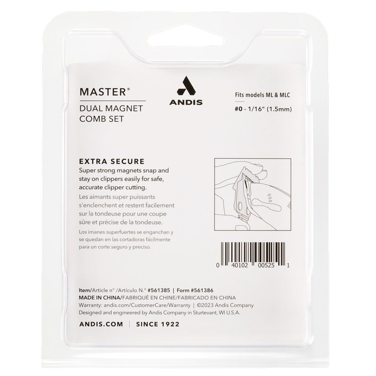 Andis #561385 Master Dual Magnet Comb Set Size #0 Comb Fits Model ML & MLC