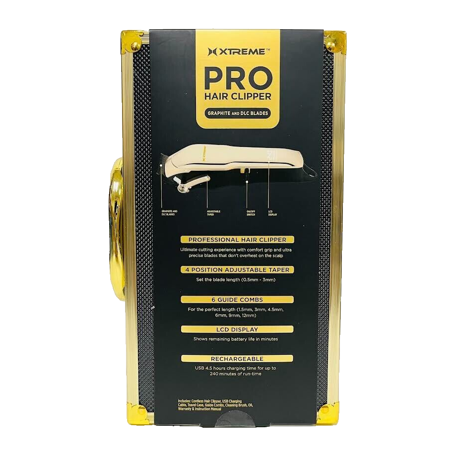Xtreme Black Pro Hair Clipper Graphite & DLC Blades 240 Min Run-Time LCD Display