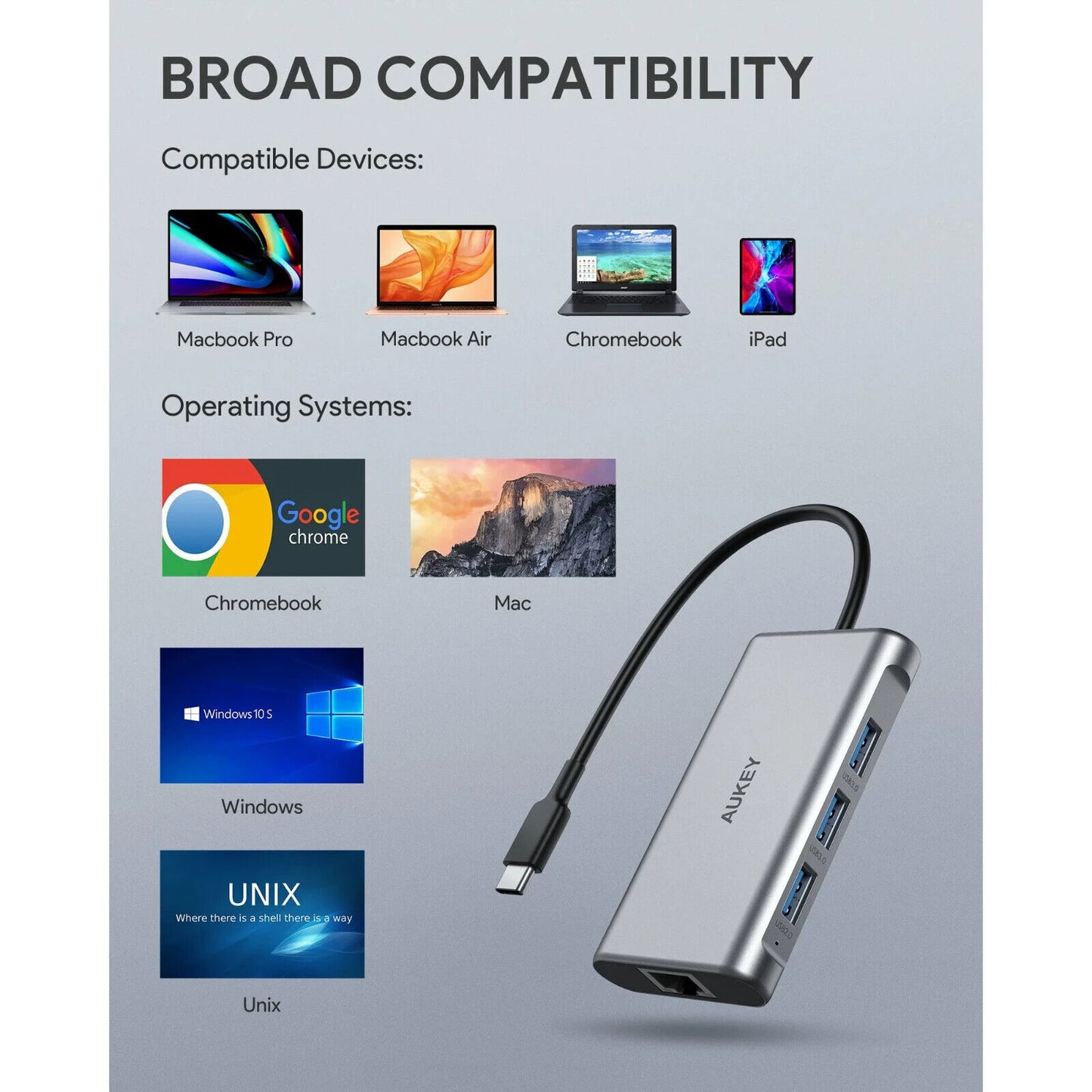 Aukey CB-C91 Link PD Pro USB-C 8in1 Hub Gigabit Ethernet Port Silver