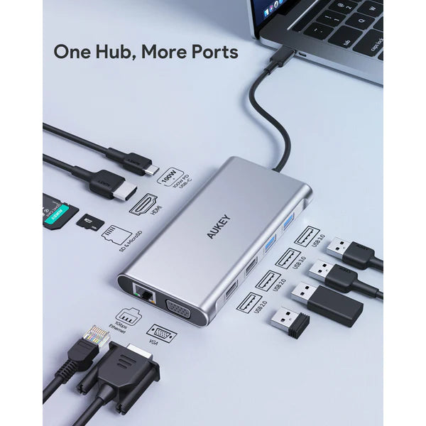 Aukey CB-C89 10in1 USB-C Hub with 4K HDMI & VGA Silver USB-C Hub Silver