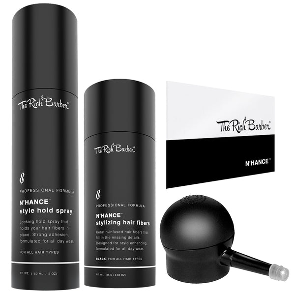 The Rich Barber N'hance™ Pro Barber Kit II - 4-in-1 Hair Building Fibers, Hold Spray & Application Set