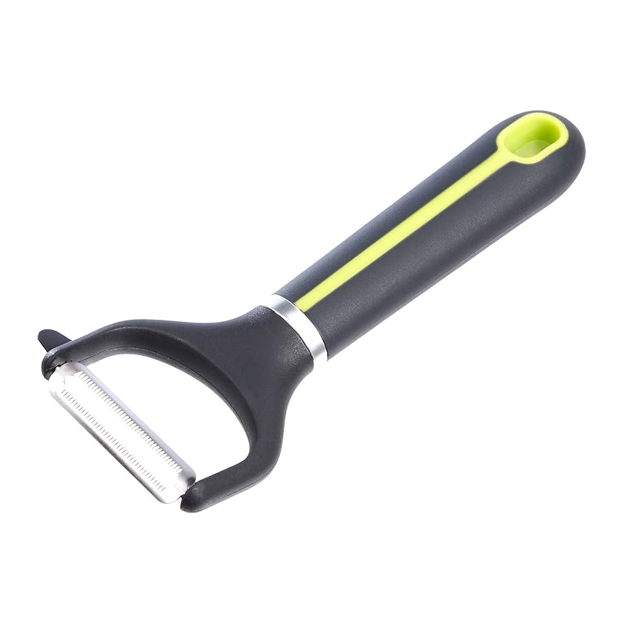 Amazon Basic Serrated Peeler w/ Protective Cover, Soft Grip Handle, Grey & Green