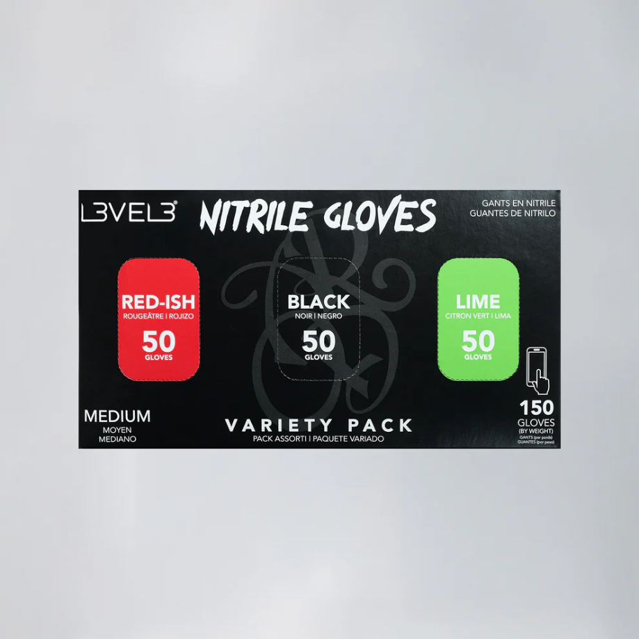 LEVEL 3 Nitrile Gloves Variety Pack (Red-Ish, Black, Lime) 150 Gloves, 50pc Each