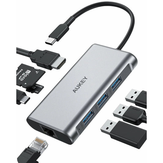 Aukey CB-C91 Link PD Pro USB-C 8in1 Hub Gigabit Ethernet Port Silver