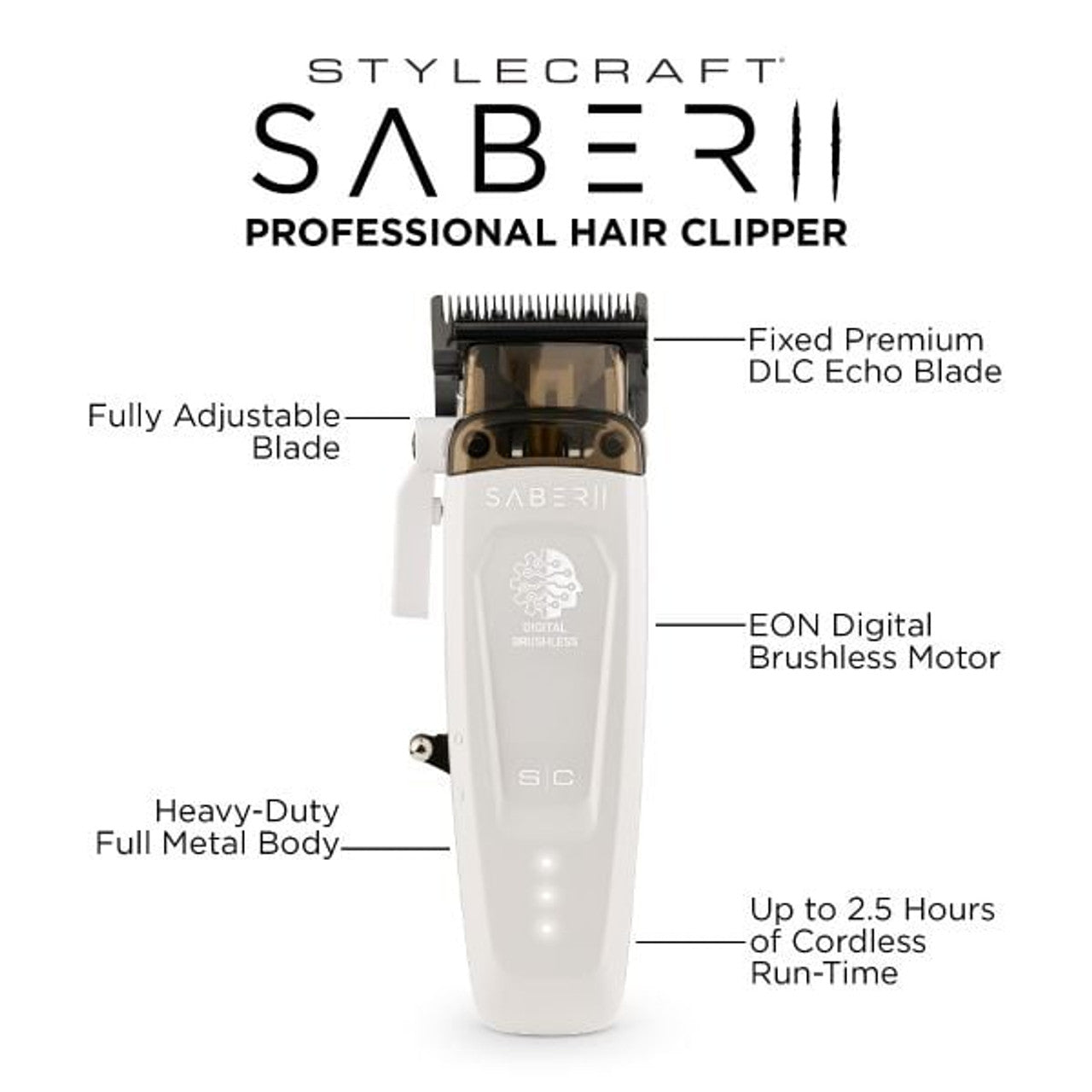 StyleCraft SC619W Saber 2 White Cordless Clipper Limited Edition Ghost