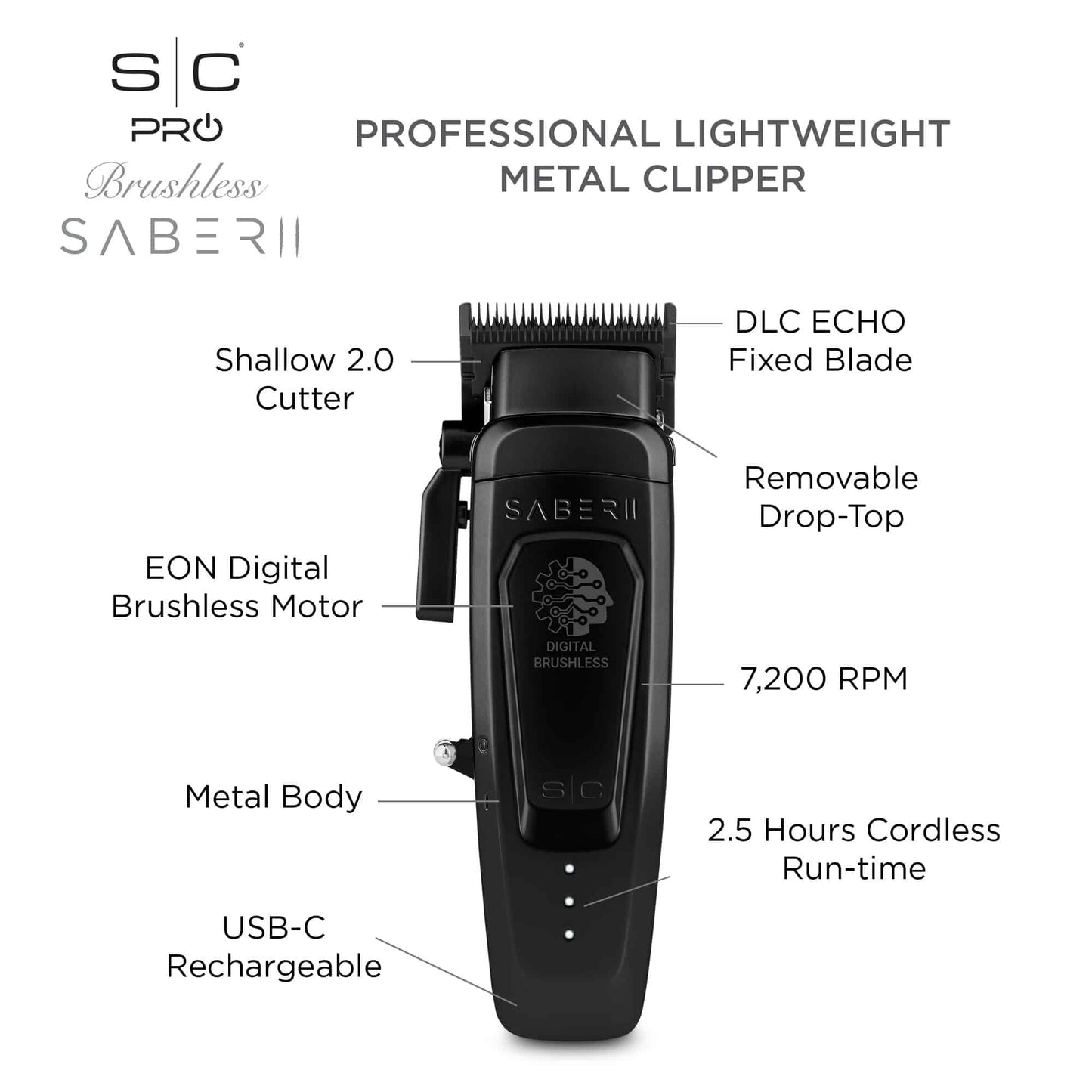 StyleCraft SC617B Saber 2.0 Professional Metal Clipper BLACK Brushless EON Motor