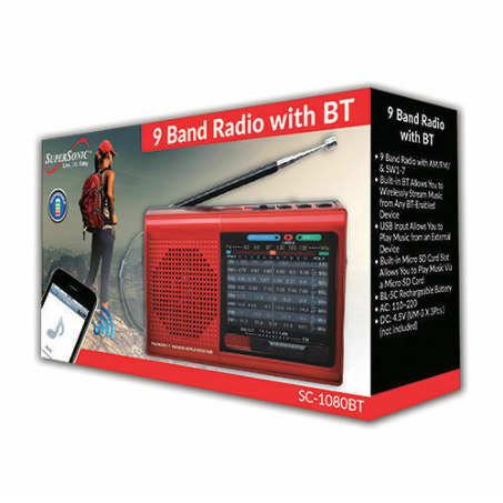 Supersonic SC-1080BT 9-Band Radio with Bluetooth/USB/MicroSD-In Red