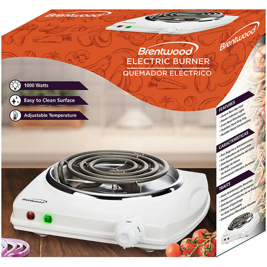 Brentwood TS-322 1000 Watt Single Electric Burner Adjustable Heat White 120V