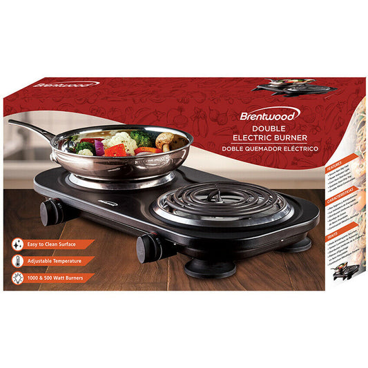 Brentwood TS-361BK 1500 Watt Double Electric Burner Black Lightweight Design