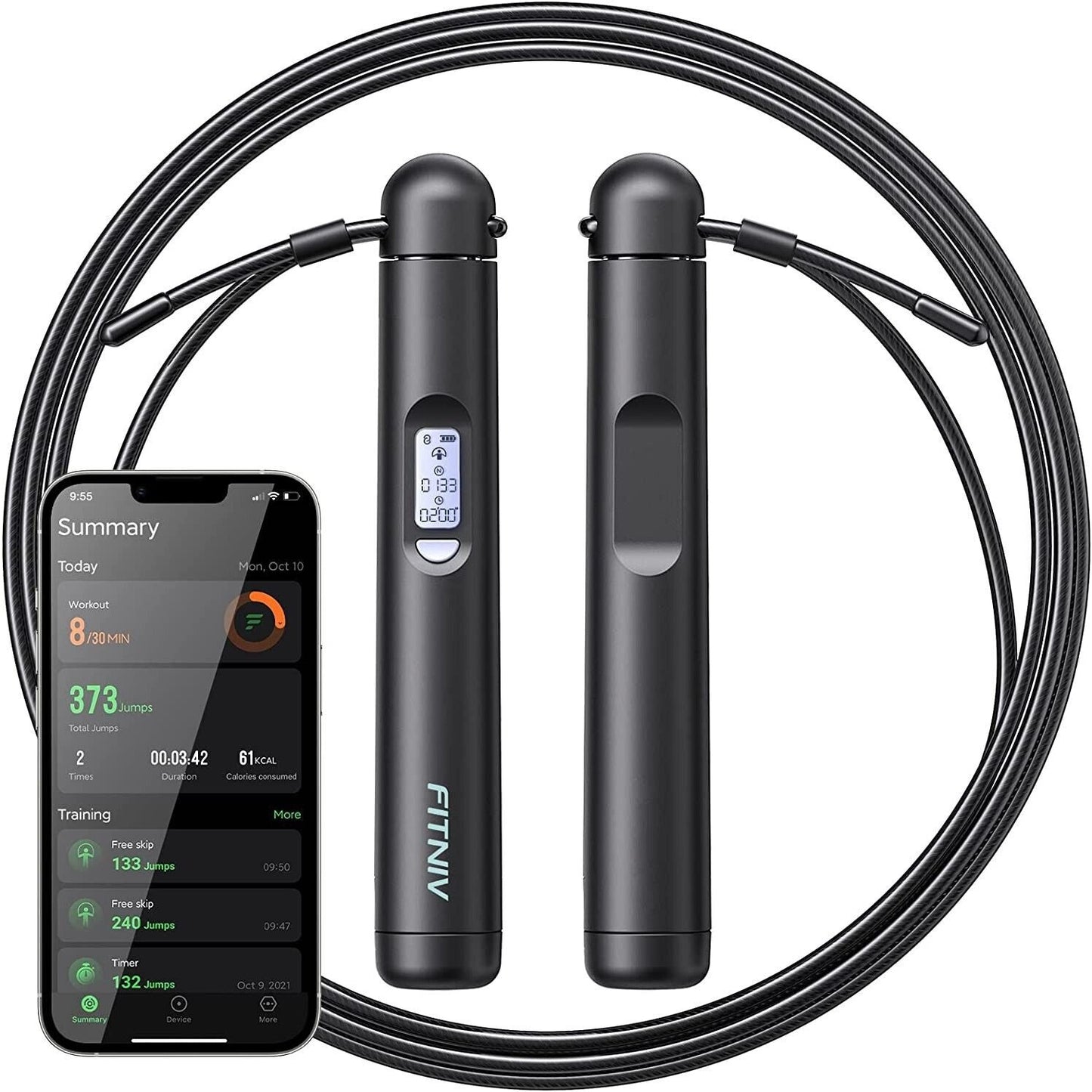 Fitniv JR02 Smart Jump Rope Accurate Calorie Counter Braided Steel Construction